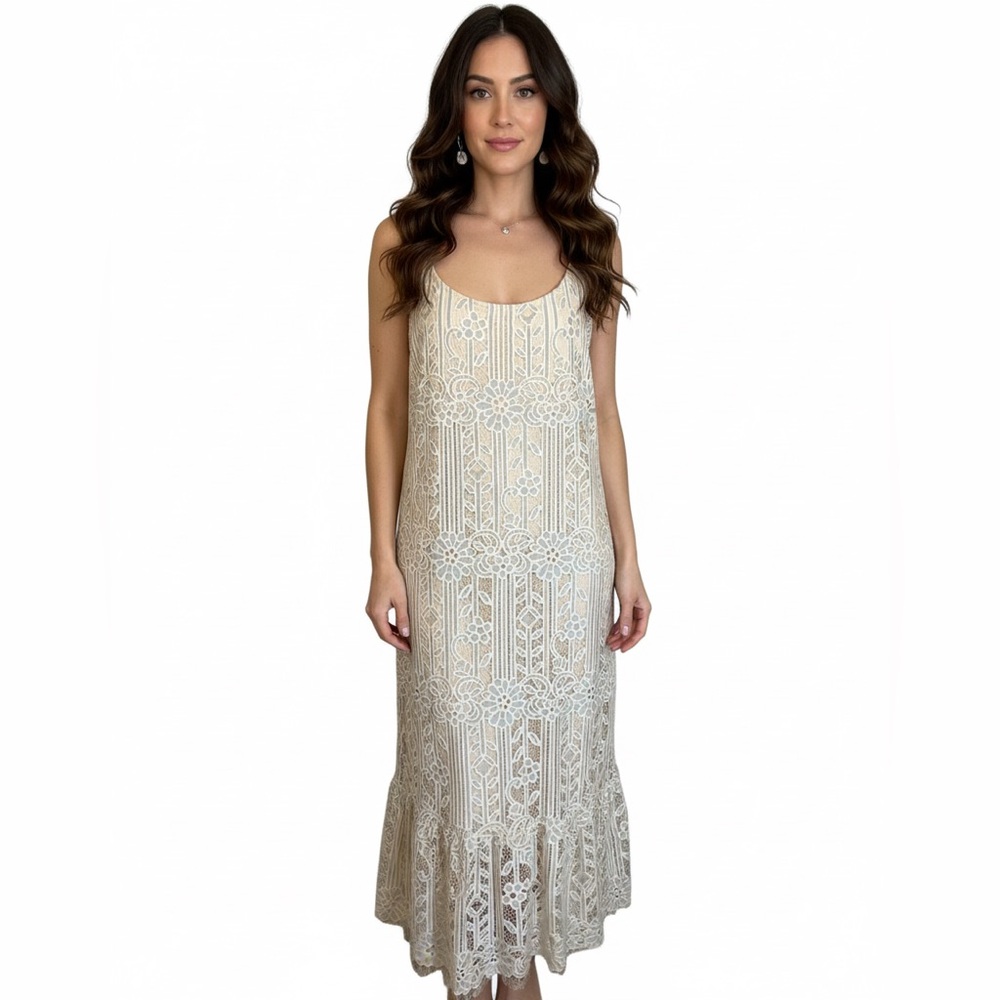 Anthropologie Eri + Ari cream gray lace midi dress size LG thin straps spandex